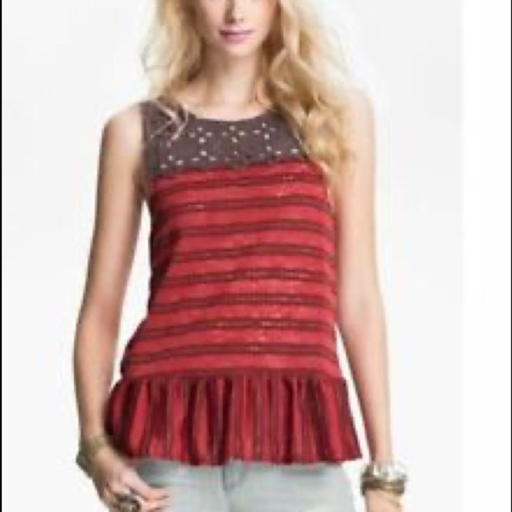 Free People Red Brown Striped Molly Retro Peplum Eyelet Blouse